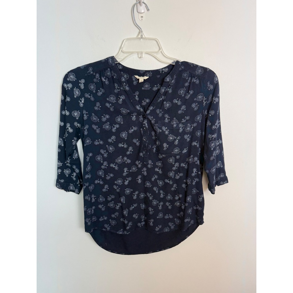 Sonoma Life + Style Navy Blue Bicycle Print Blouse 3/4 Sleeve V-Neck Small